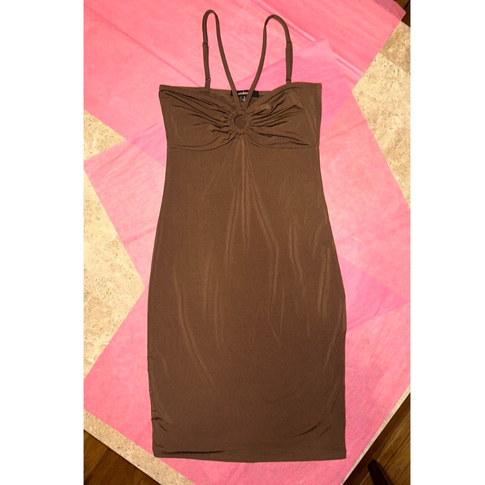 Ambiance Strappy Halter O Ring Cut Out Dress Tan Brown Small